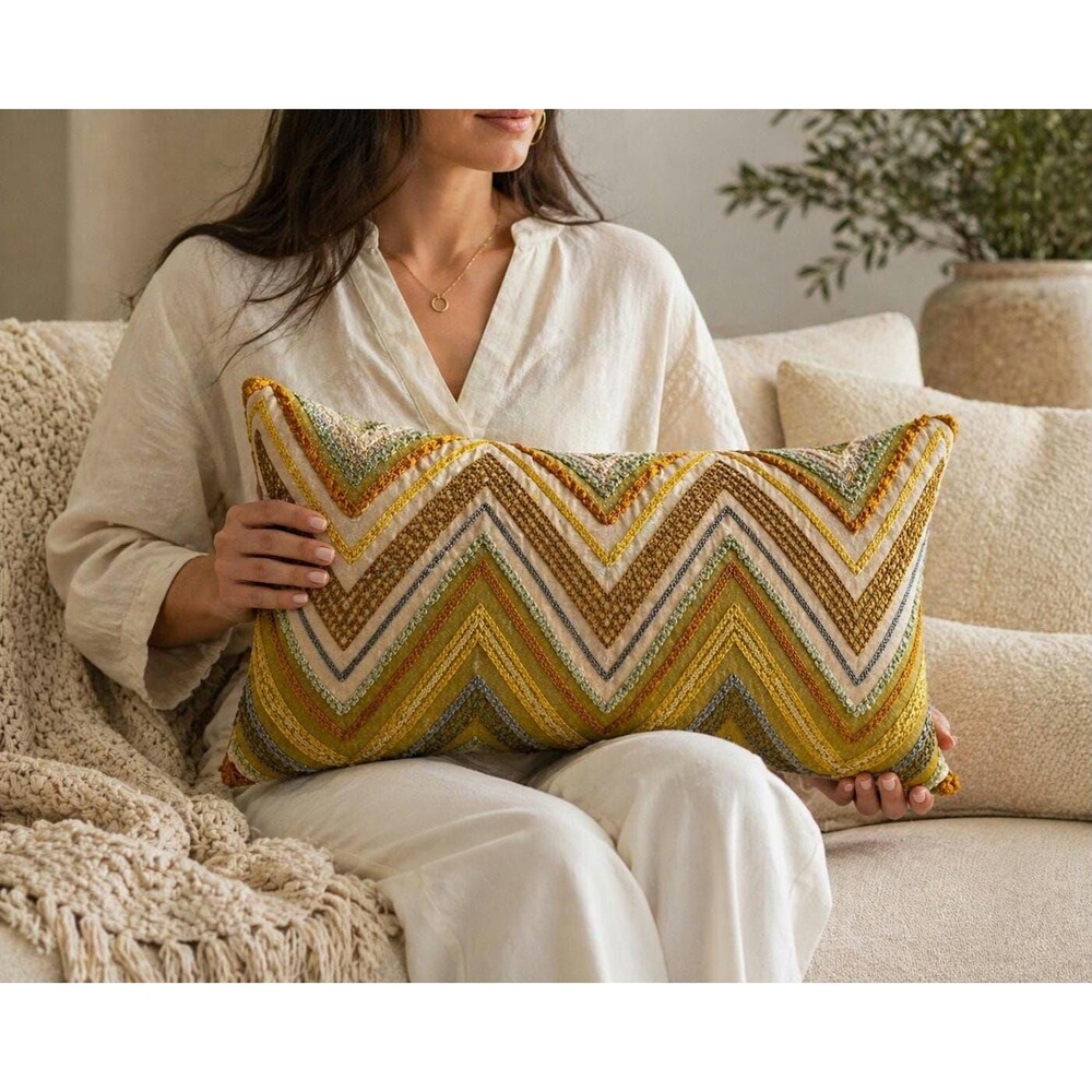 Vintage Pier 1 Embroidered Lumbar Pillow 12x24 Boho Cottage Chevron Accent Pillo